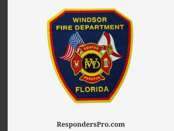 Embroidered patch for the Windsor Fire Department in Florida, featuring a Maltese Cross, the USA flag, and the Florida state flag.