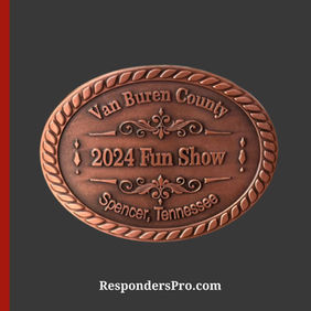 Antique bronze finish Van Buren County oval belt buckle with intricate design and edging.