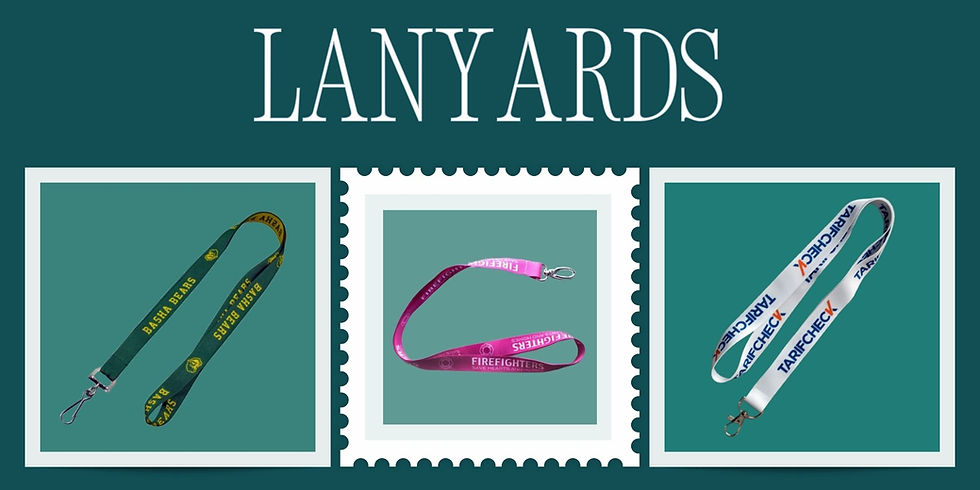 A collage of custom-designed lanyards for first responders, featuring various colors and emblems, arranged on a deep green background.