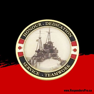 A round, silver-edged challenge coin featuring a historic black and white photograph of a Canadian navy ship sailing on the water.