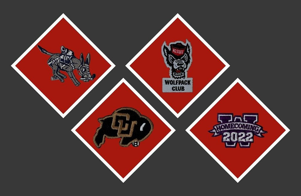 Four detailed small mini patches with intricate designs, displayed on a bold background featuring rich dark red and blue.