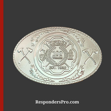 A shiny silver, custom oval firefighter belt buckle featuring a Maltese cross and axes at its center.
