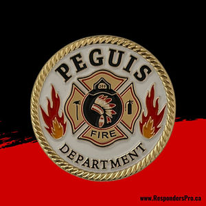 A round fire department challenge coin featuring a blue and gold Maltese Cross at its center. The cross is flanked by red flames on a white background, and the coin is bordered by a gold rope edge.