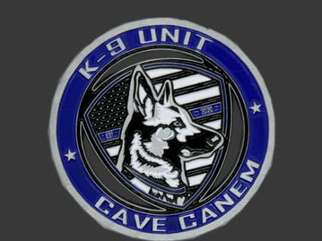 Blue and silver Hellam K9 Challenge Coin featuring an Alsatian police dog over a USA flag design.