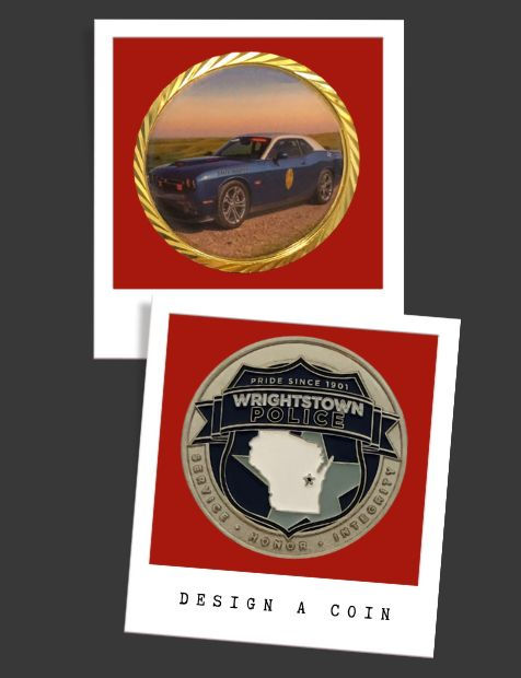 Two intricately designed police challenge coins featuring bold patterns and details, displayed on a rich red background.