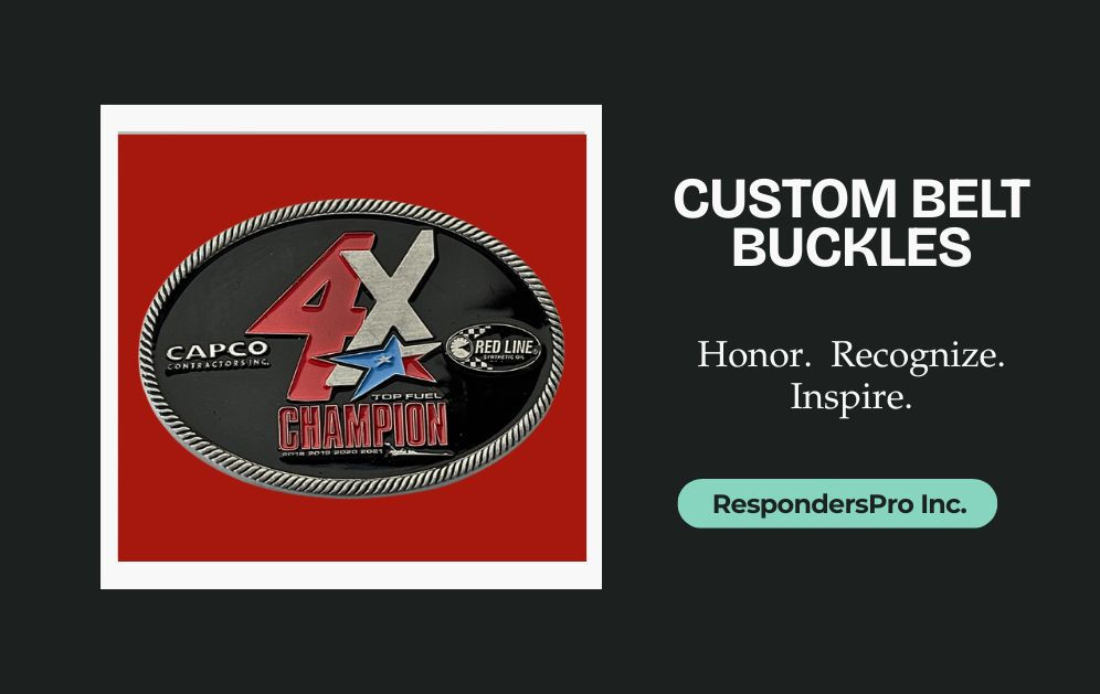 Close-up of a detailed and bold belt buckle in red, blue, and black, featuring a central logo and text.