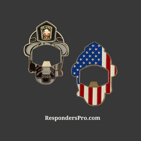 Front and back of a firefighter helmet-shaped bottle opener. The front features the Plano Fire Department Maltese Cross. The back has a stylized US flag design.