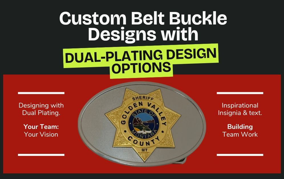Close up of a sheriff belt buckle with dual plating of bright silver and gold with star and state seal in center.