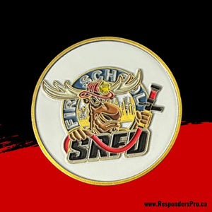 A round challenge coin featuring a moose and a fire hose, rendered in gold, brown, and yellow tones, set against a white background with a prominent gold edge.
