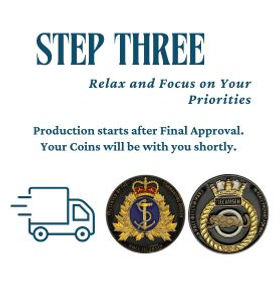 Step 3 with images of front and back of round Military coins and an icon of a delivery truck.