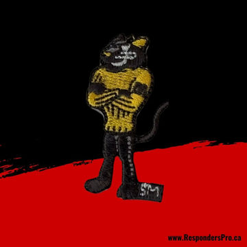 Embroidered mini patch featuring a dark grey cat wearing a bright yellow American football jersey, positioned facing forward.