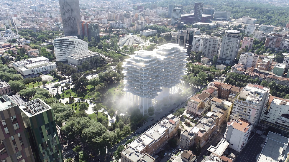 Khối kiến trúc lơ lửng trên hệ cột thanh mảnh tại dự án Fountain Plaza Tirana do Bjarke Ingels Group (BIG) thiết kế.