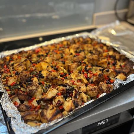 The delicious roasted potatoes with veggies