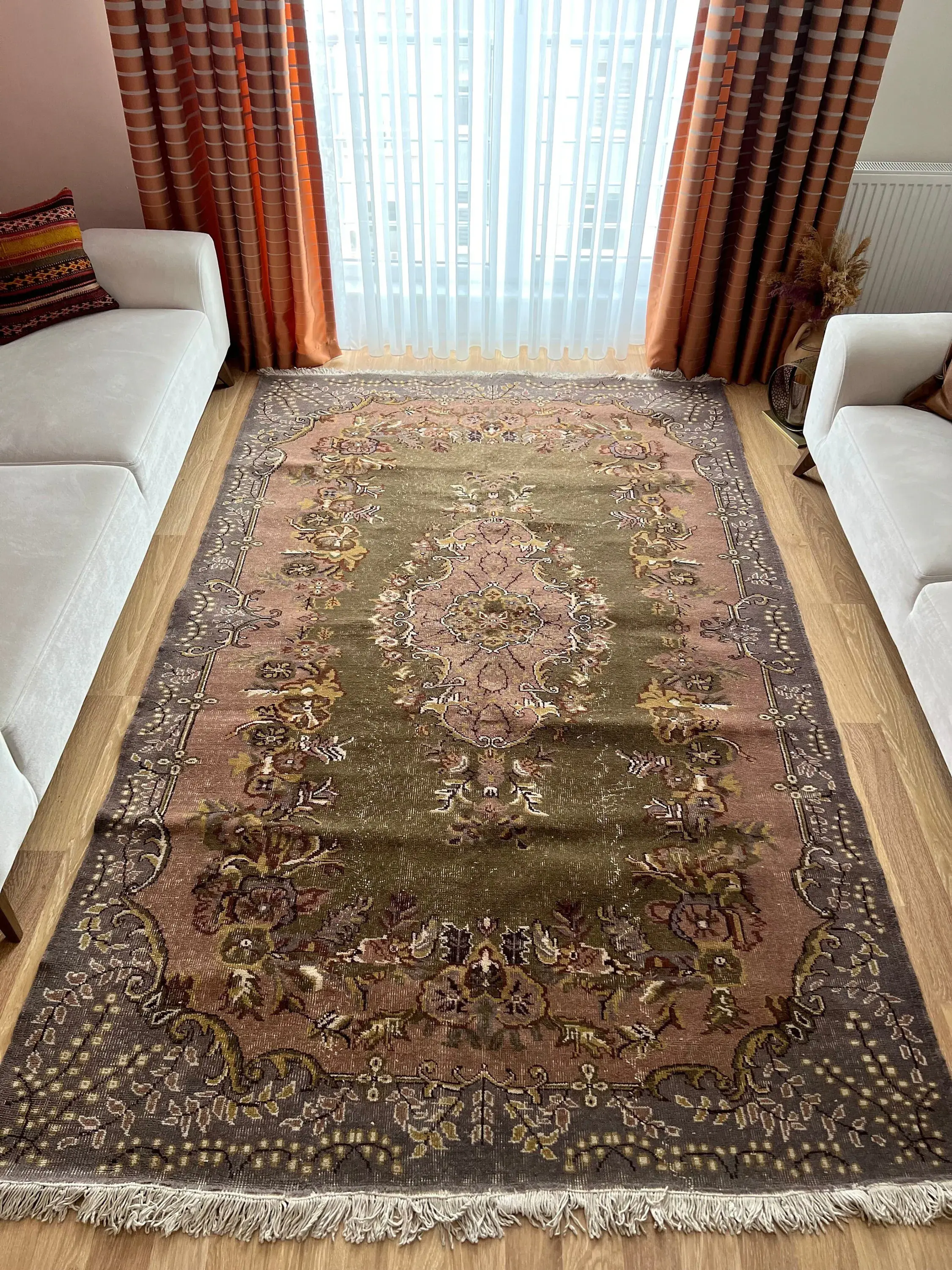 6x9 Oversize Floral Green Grey Turkish Rug, Oriental Vintage Large Area Rug
