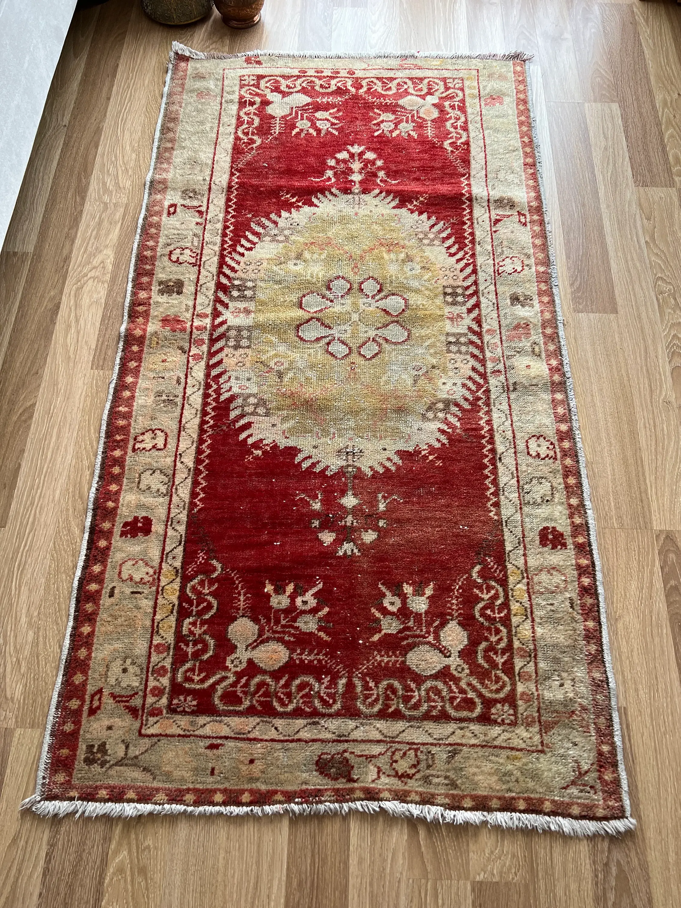 3x6 Floral Pattern Red-Based Vintage Rug, Shaded Antique Wool Rug