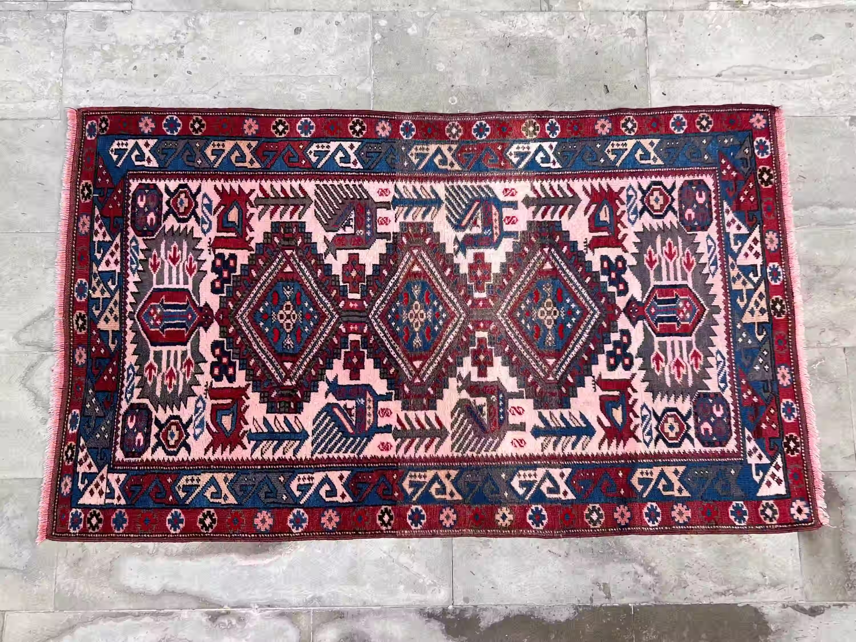 3x5 Pictorial Antique Rug, Geometric Pattern Rug, 3x5 Red-Blue Vintage Rug