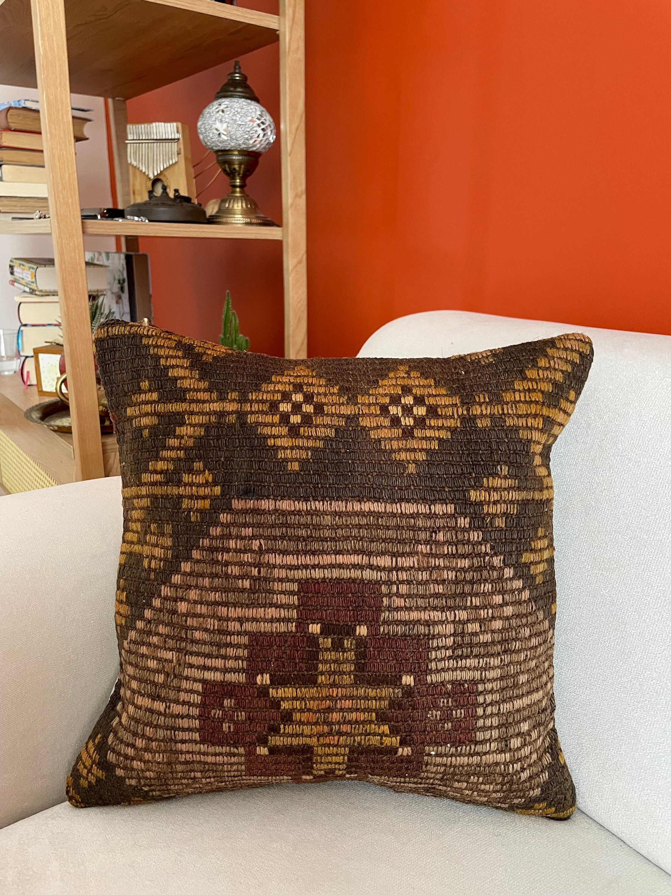 16x16 Brown Ethnic Kilim Pillow Cover, Decorative Turkish Rug Pillow Cover