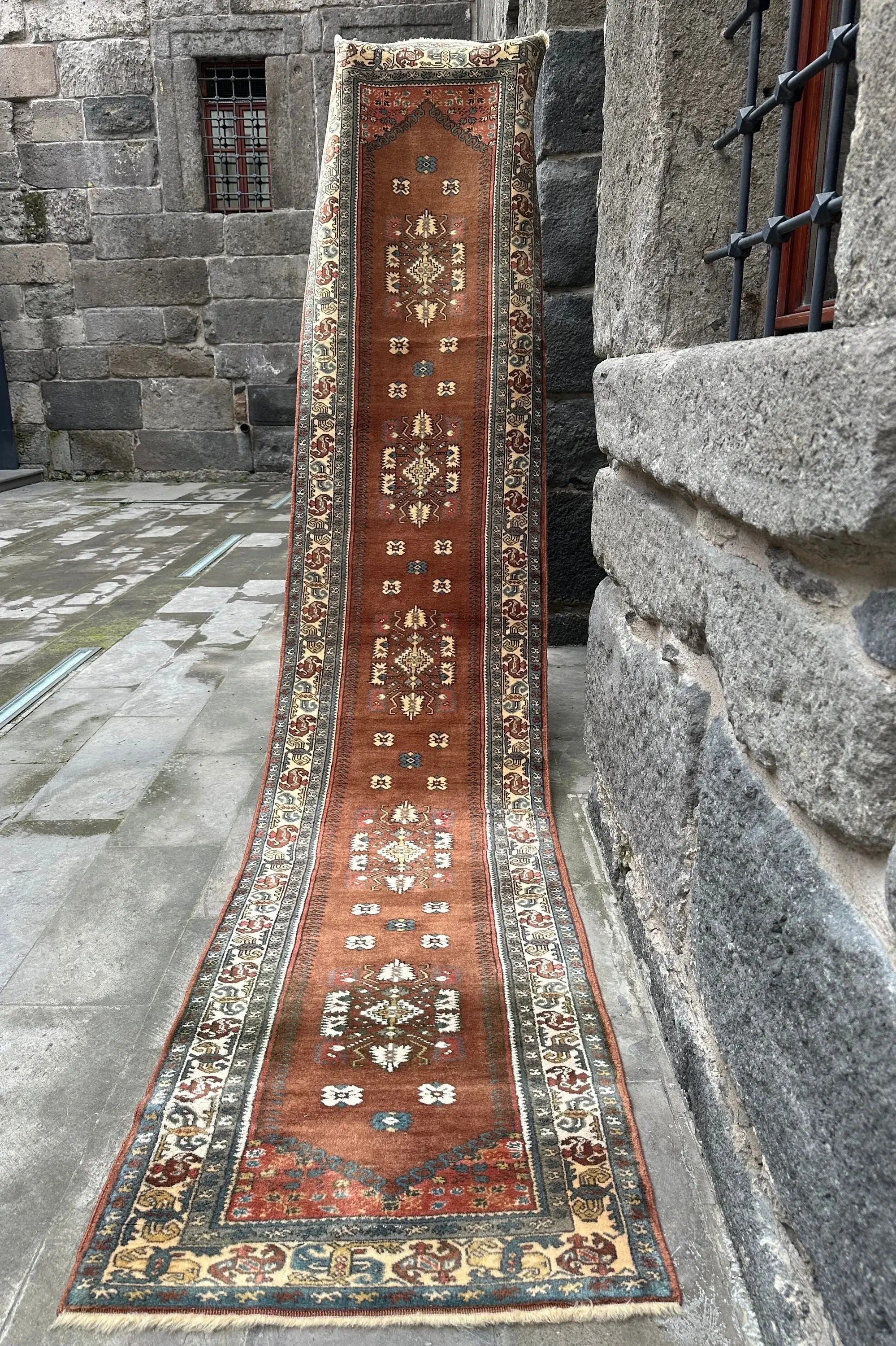 Extra Long Perfect Condition Vintage Runner, 2x12 Brown Hallway Rug