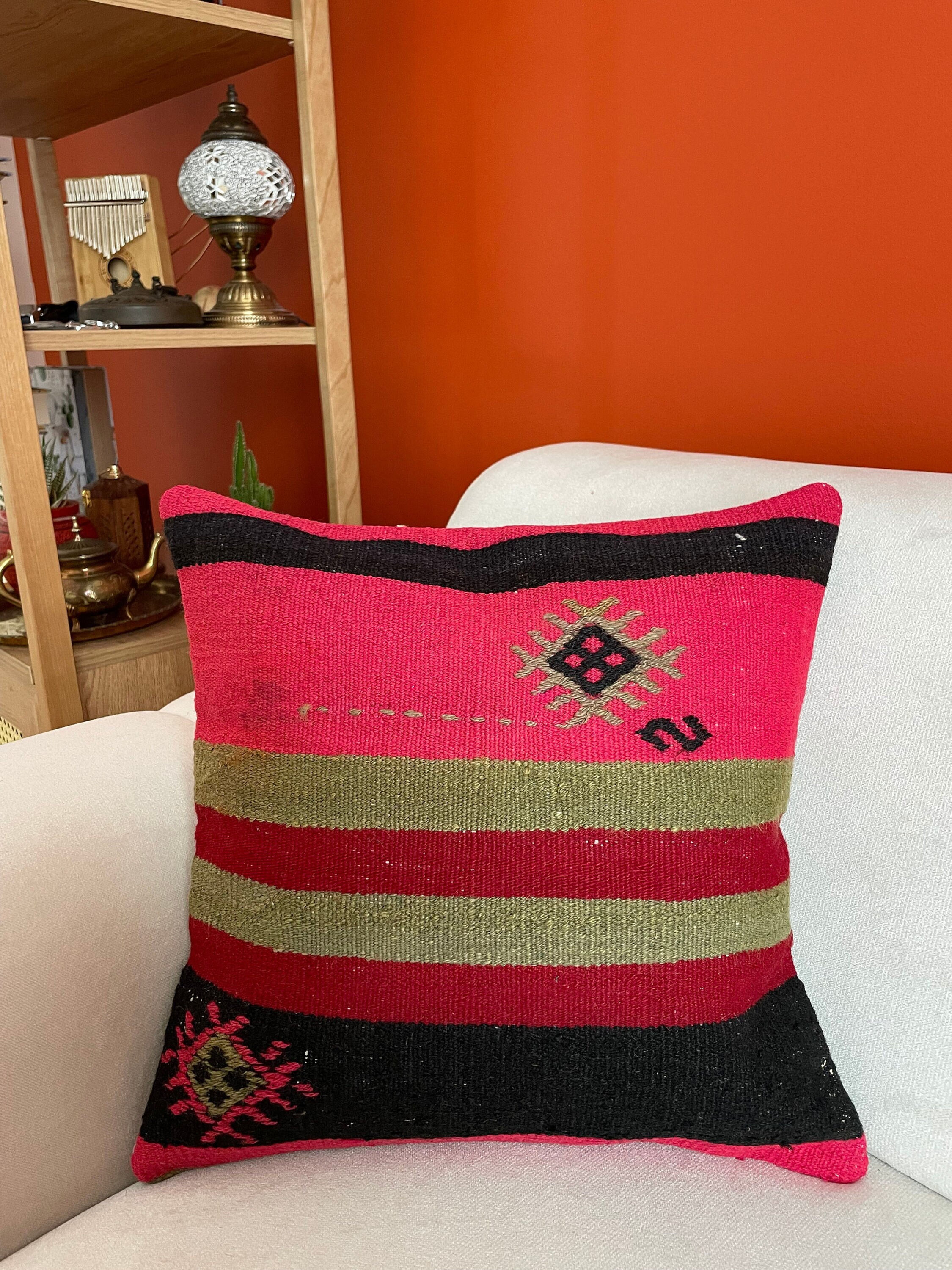 16x16 Colourful Striped Handmade Kilim Pillow Cover,Decorative Kilim Pillow Case