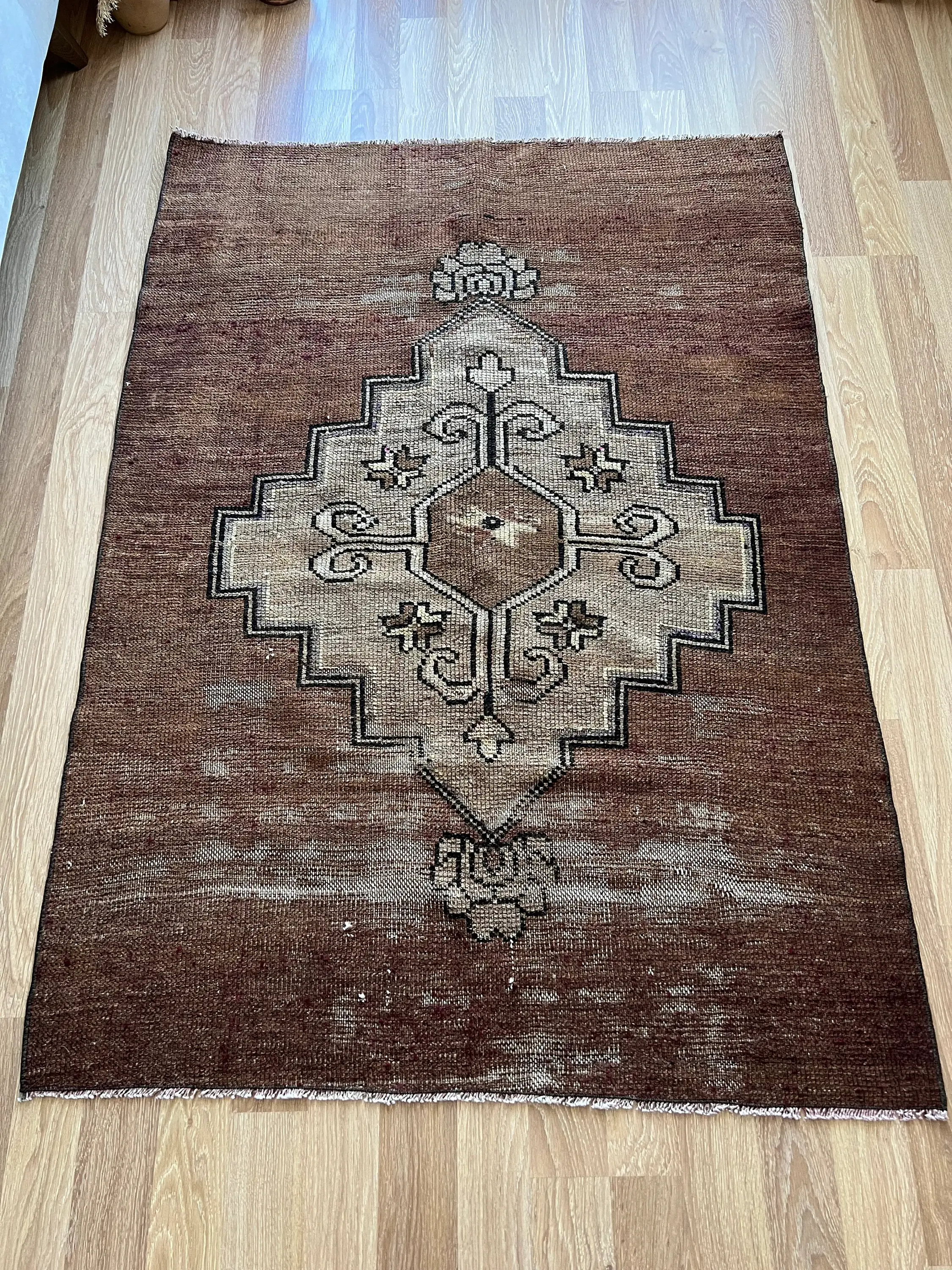 4x5 Brown Boho Style Antique Rug, Distressed Oushak Vintage Rug