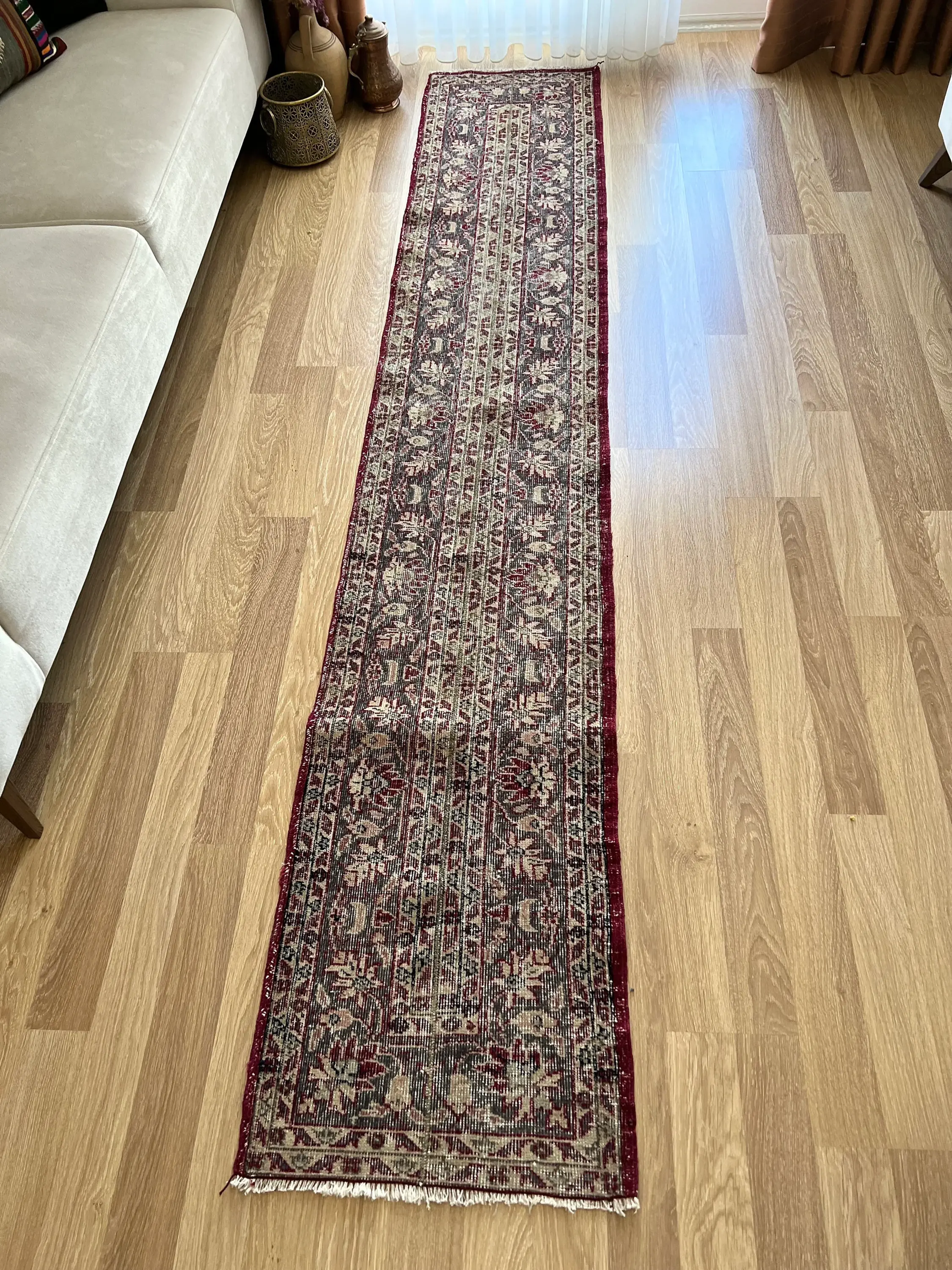 1x10 Floral Patterned Red-Blue-Beige Turkish Runner Rug, William Morris Style