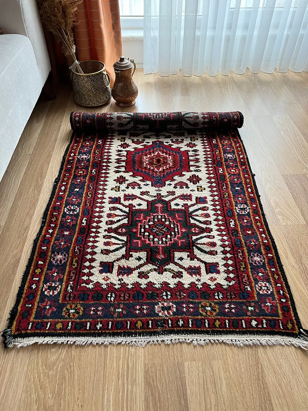 Thumbnail: 2x4 Short Vintage Turkish Runner Rug, Red-Navy Blue-White Antique Hallway Runner