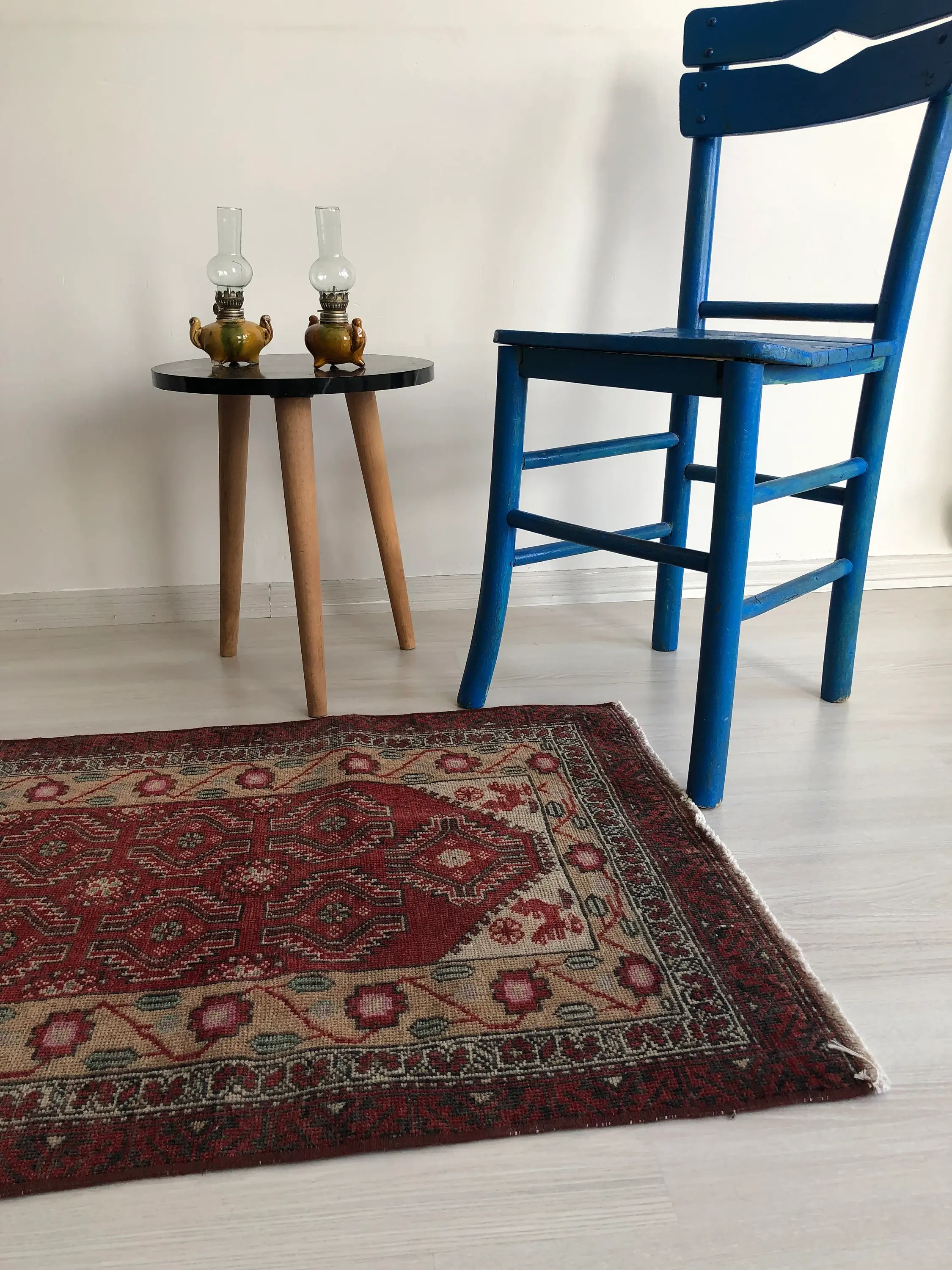 2x5 Vintage Turkish Mini Runner Rug, Red Yellow Oushak Runner Rug for Small Area