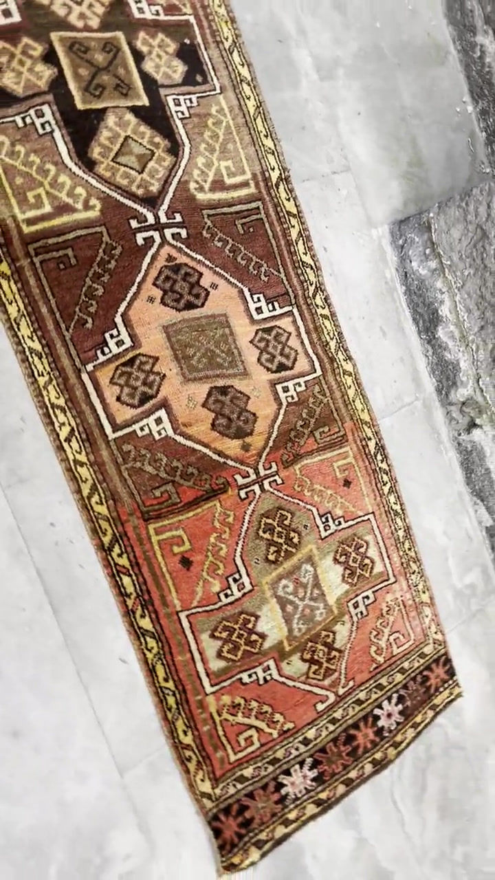 Thumbnail: 2x12 Extra Long Turkish Runner Rug,Red- Brown Vintage Hallway Runner Rug