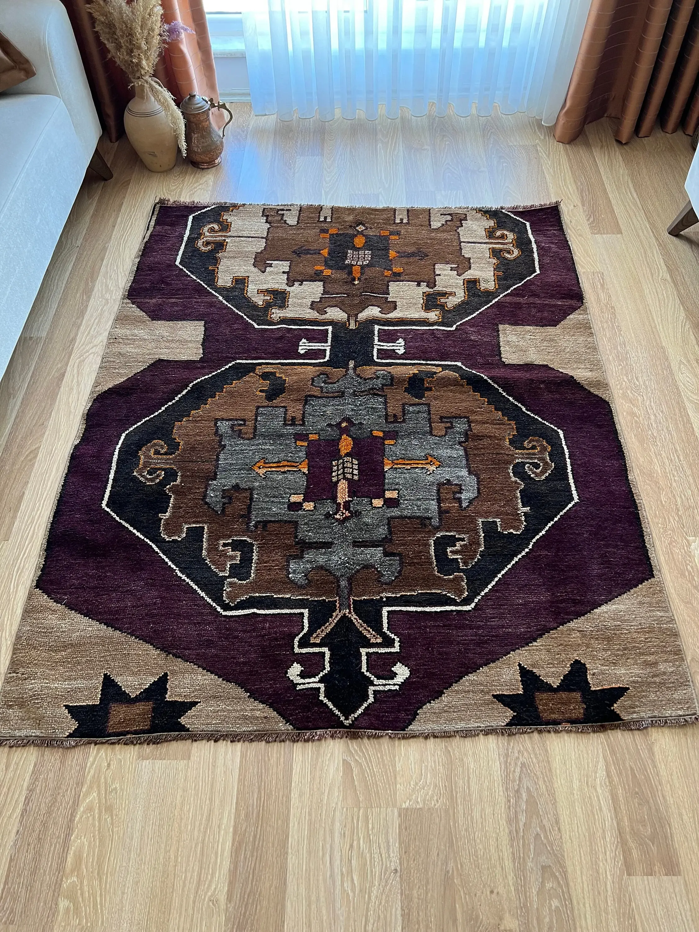 4x5 Burgundy-Brown Traditional Vintage Rug, Rare Pattern Turkish Rug