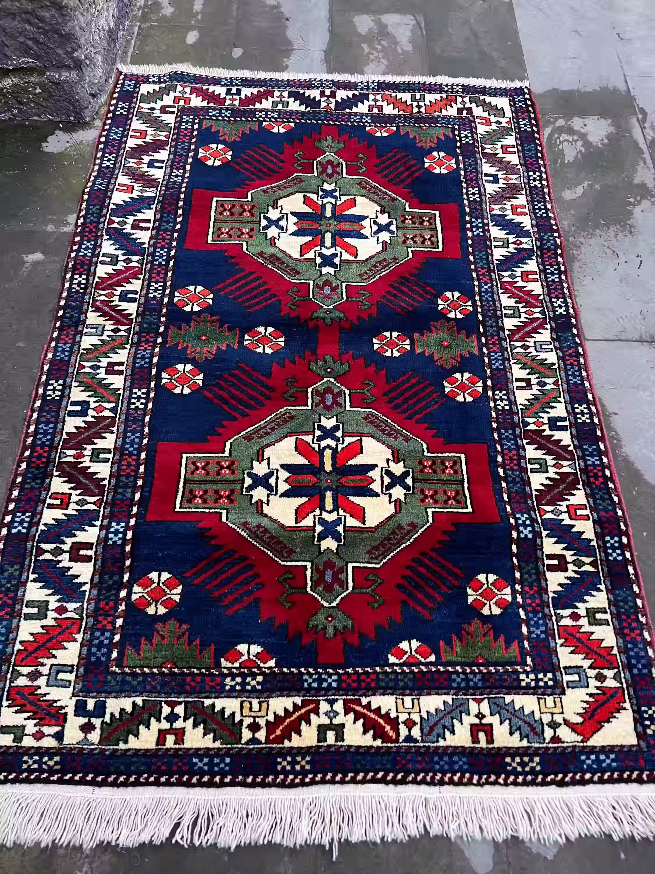 4x5 Vivid Blue Red Green Oriental Handknotted Rug,Traditional Turkish Rug