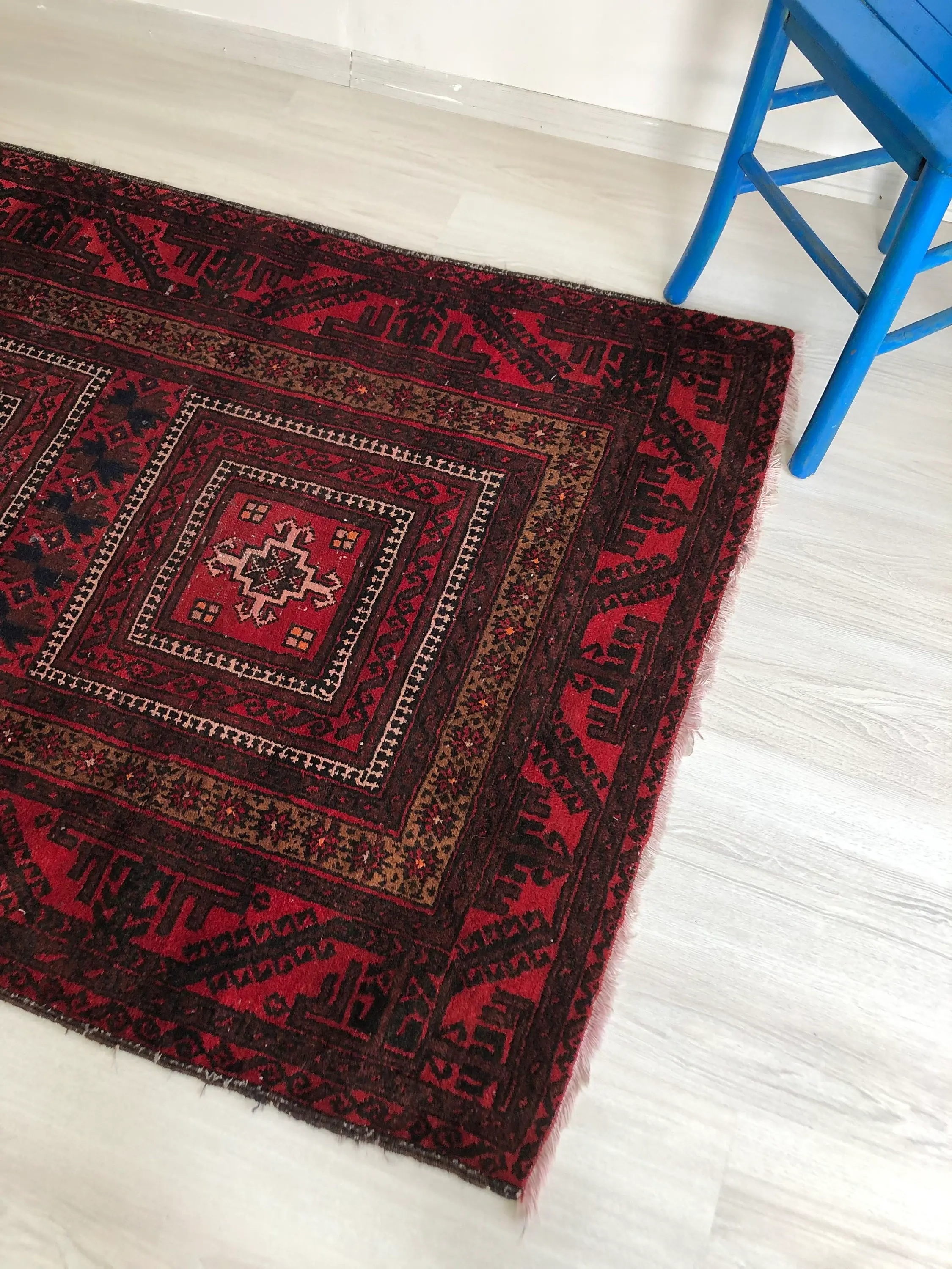 7x3 Red Turkish Rugs,Geometric Pattern Rug,Bohemian Decor Carpets