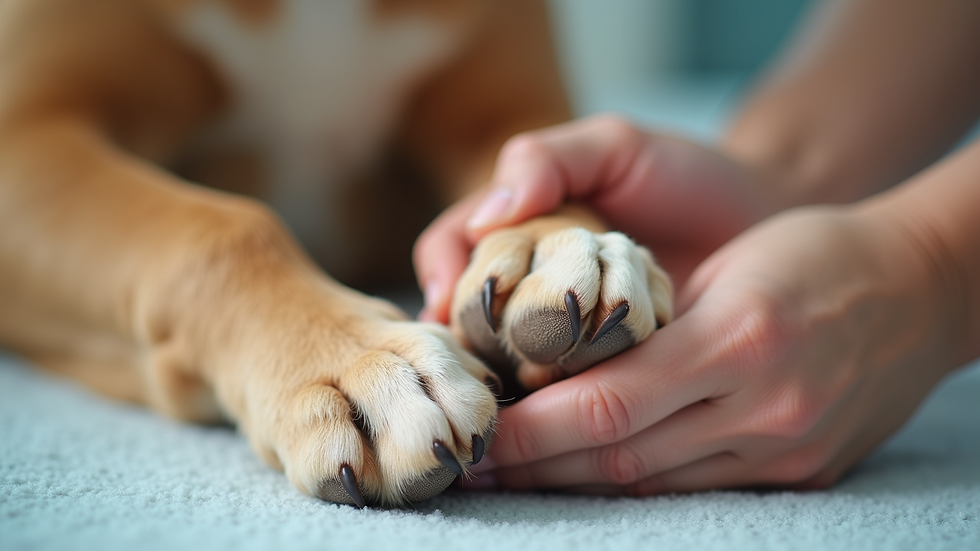 Close-up view of a dog’s paws being gently pampered with moisturizing treatment