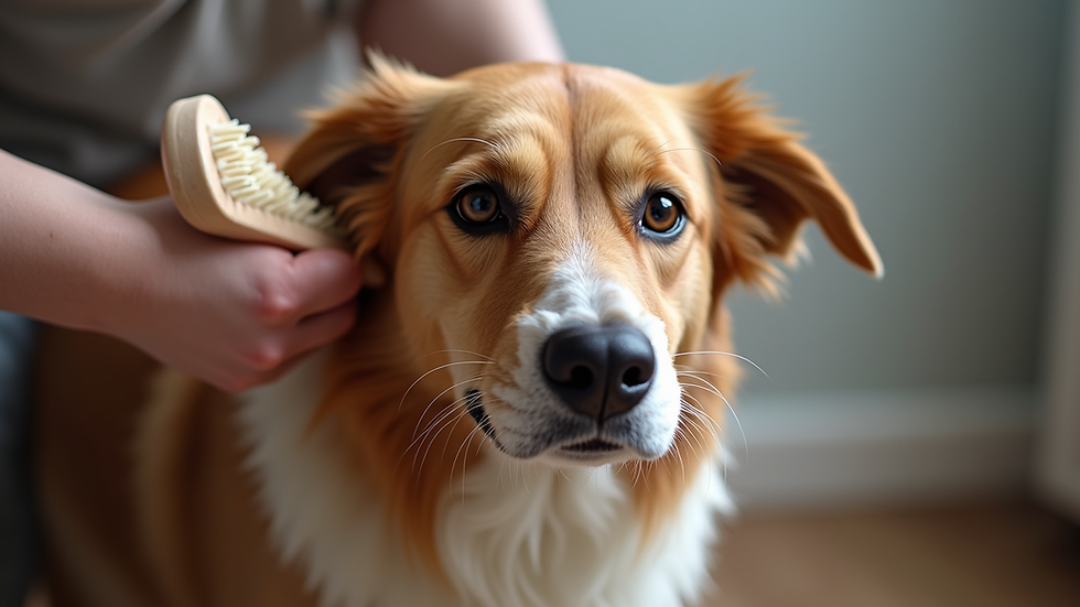 Close-up view of a senior dog being gently brushed with a soft-bristle brush