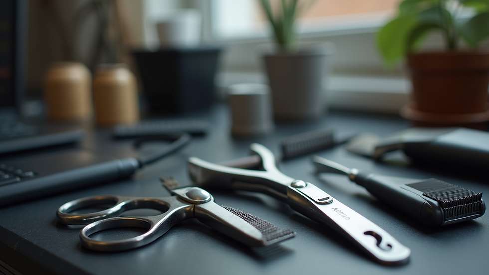 Close-up view of grooming tools neatly arranged on a table