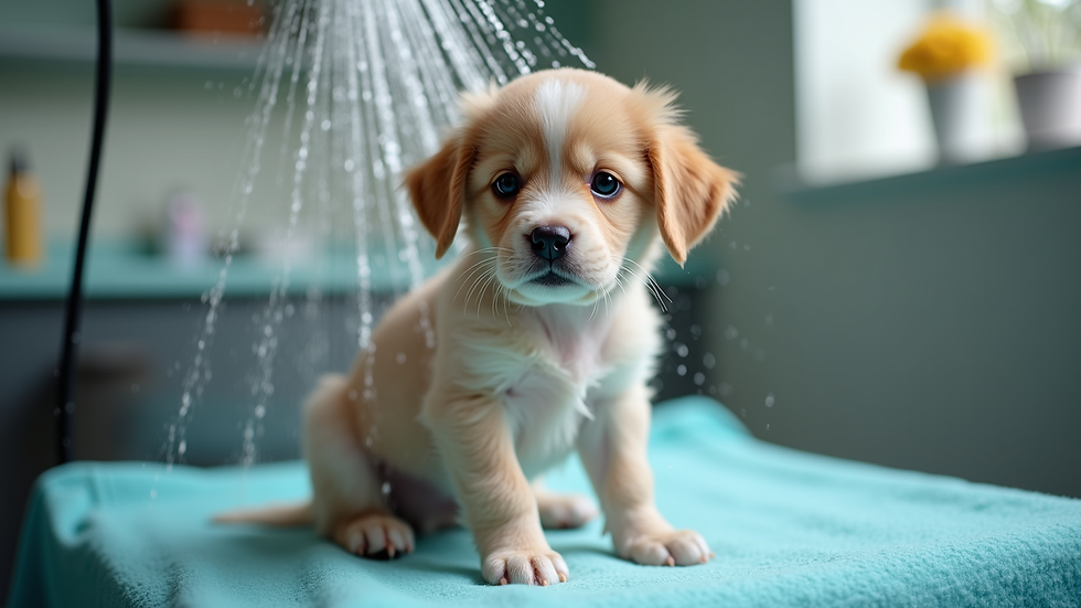 Eye-level view of a puppy calmly sitting on a grooming table during a bath