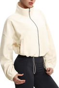 Cropped fleece jacket with drawstring, beige cozy jacket