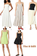 Collage of five stylish light summer dresses in white, black, and lime colors.