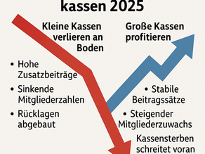Infografik „Gesetzliche Krankenkassen 2025“: Zwei Pfeile zeigen gegenläufige Trends. Roter Pfeil für kleine Kassen: hohe Zusatzbeiträge, sinkende Mitgliederzahlen, Rücklagen abgebaut. Blauer Pfeil für große Kassen: stabile Beitragssätze, steigender Mitgliederzuwachs. Text: „Kleine Kassen verlieren an Boden – Große Kassen profitieren“