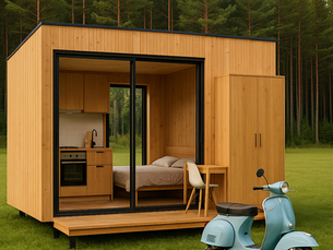 Minimalistisches Tiny House mit Offene Küchenzeile, Bett, kleinem Schreibtisch und klassischem 70er-Jahre-italienischen Roller auf einer grünen Wiese vor einem Wald im Hintergrund