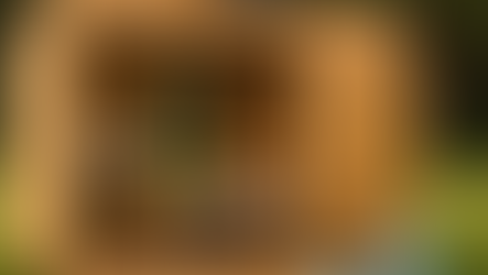 Minimalistisches Tiny House mit Offene Küchenzeile, Bett, kleinem Schreibtisch und klassischem 70er-Jahre-italienischen Roller auf einer grünen Wiese vor einem Wald im Hintergrund