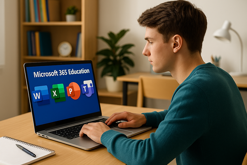 Studierender am Schreibtisch tippt auf seinem Laptop, auf dem ‚Microsoft 365 Education‘ mit den Icons von Word, Excel, PowerPoint und Teams zu sehen ist.