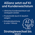 Infografik mit blauem Hintergrund zeigt den Allianz-Schriftzug und die Strategie „Allianz setzt auf KI und Kundenwachstum“. Bulletpoints heben Ziele hervor: Verdopplung des Kundenwachstums, Effizienzsteigerung durch KI und Kfz-Schadenregulierung in unter einer Minute. Rechts daneben ein Symbol eines KI-Kopfes. Text unten: „Strategiewechsel bis 2027“