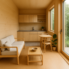 zeigt das puristische Tiny House Interior mit natürlichen Materialien wie Holz, Stein und Kork