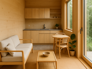 zeigt das puristische Tiny House Interior mit natürlichen Materialien wie Holz, Stein und Kork
