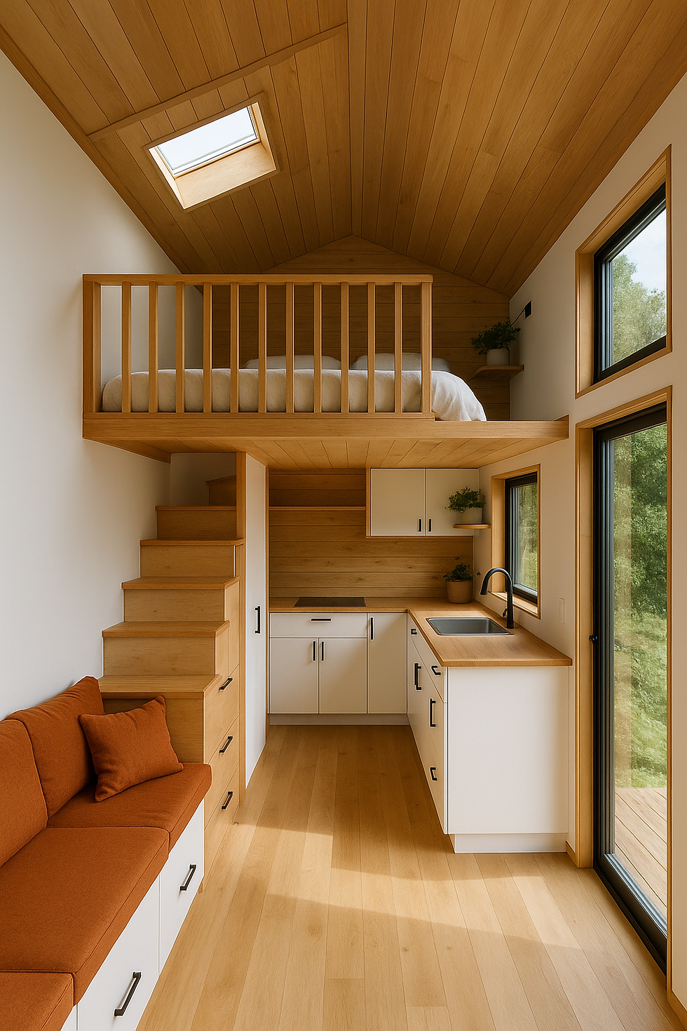Innenansicht eines modernen Tiny Houses mit Loft-Schlafbereich, Holzverkleidung, integrierter Treppe, heller Küche und großen Fenstern, die natürliches Licht hereinlassen.