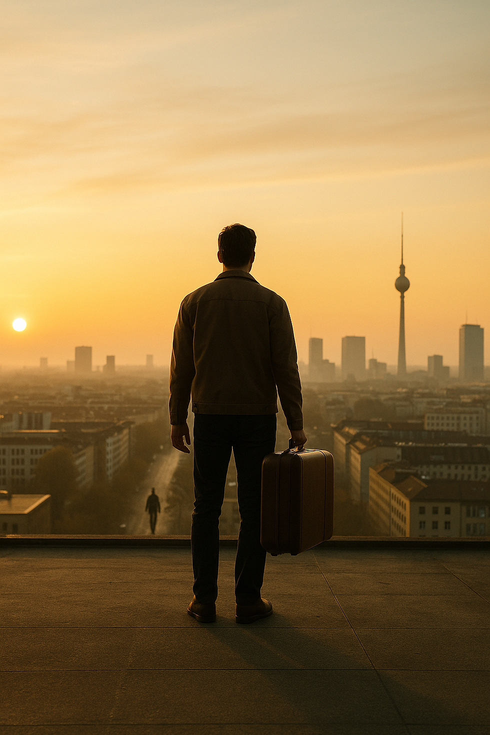 Person mit Reisekoffer steht bei Sonnenaufgang auf einem Dach und blickt auf die Berliner Skyline mit Fernsehturm.