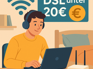 Illustration eines jungen Studenten in einem hellen Zimmer, der an einem Holztisch an seinem Laptop arbeitet. Rechts daneben steht ein WLAN-Router. Im Hintergrund prangt ein Banner mit dem Text „DSL unter 20 €” und einem Euro-Symbol. Beim Studenten sind gelbe Kopfhörer zu sehen, und über ihm schwebt ein WLAN-Symbol.