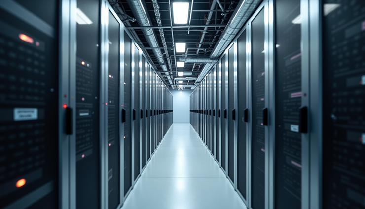 Eye-level view of a large data center cooling system with visible HVAC ducts and equipment