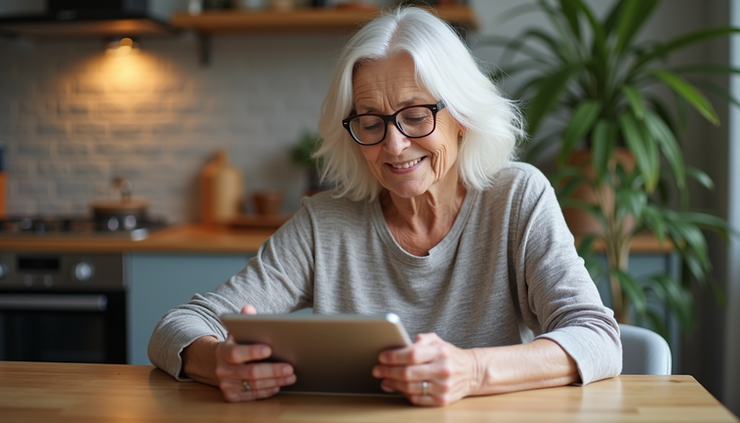 Eye-level view of a senior woman using a tablet with a health app open