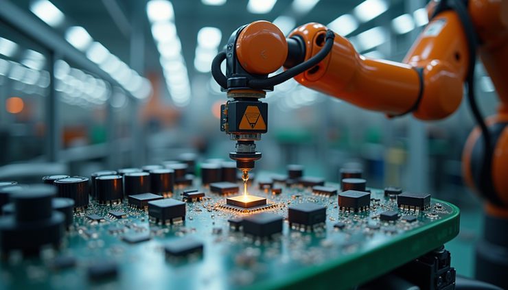 Eye-level view of a robotic arm assembling electronic components on a factory line